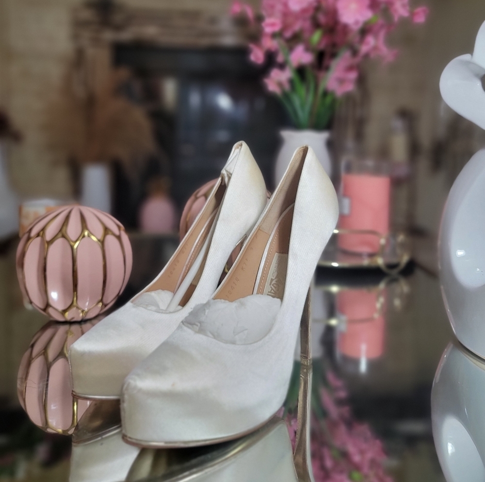 Salvatore Ferragamo white silk heels